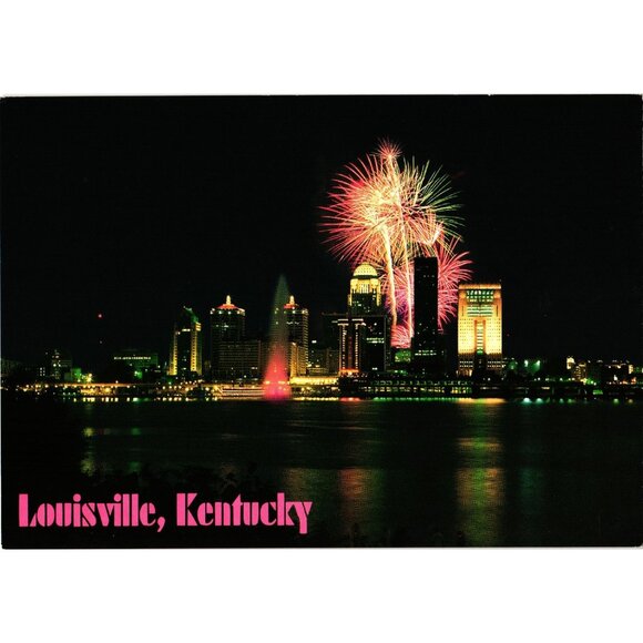 Louisville Kentucky Skyline Nighttime Fireworks Scenic Color Postcard Collectibl - Picture 1 of 2